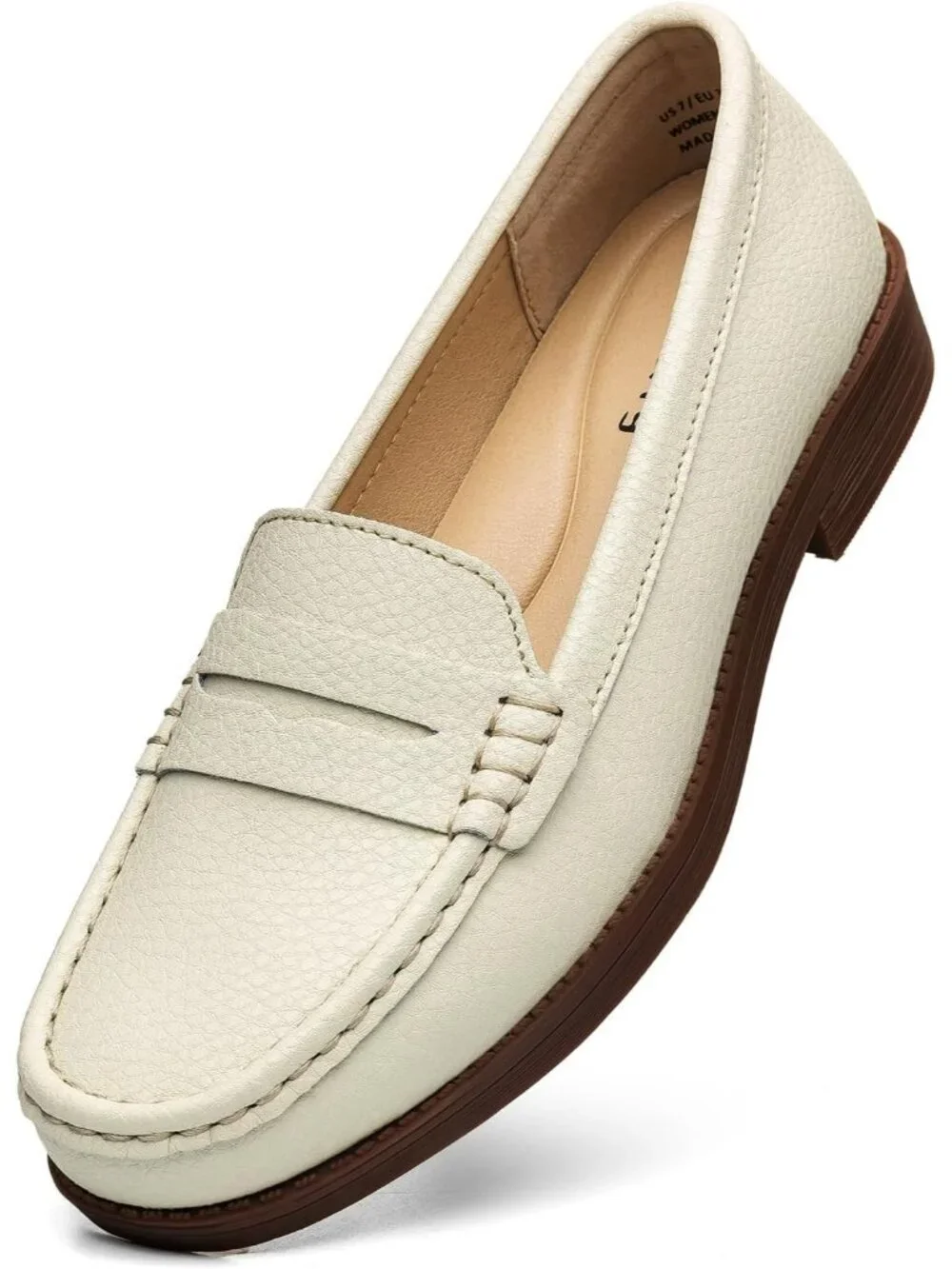 Women's Beige Leather Comfortable Penny Loafers Slip On Casual Walking Shoes